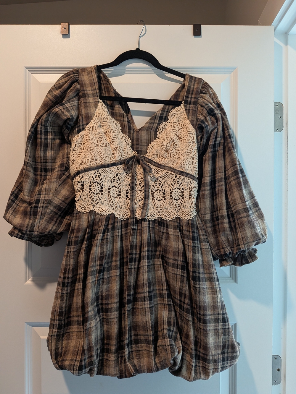 Promesa Brown and Cream Plaid Dress with Crochet Bodice